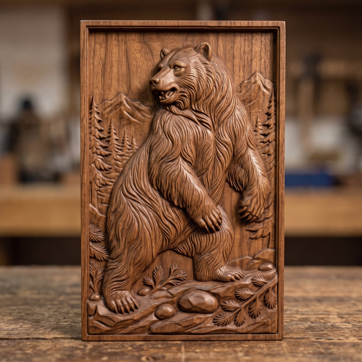 Detailed 3D bas-relief of a standing grizzly bear in a pine forest with snow-capped mountains behind, rocky ground and fern details in the foreground. Framed by a rectangular molded border around a recessed panel. Shown in carved walnut wood and grey resin. Designed for CNC relief carving, woodworking and 3D printing as rustic cabin and wildlife wall decor.