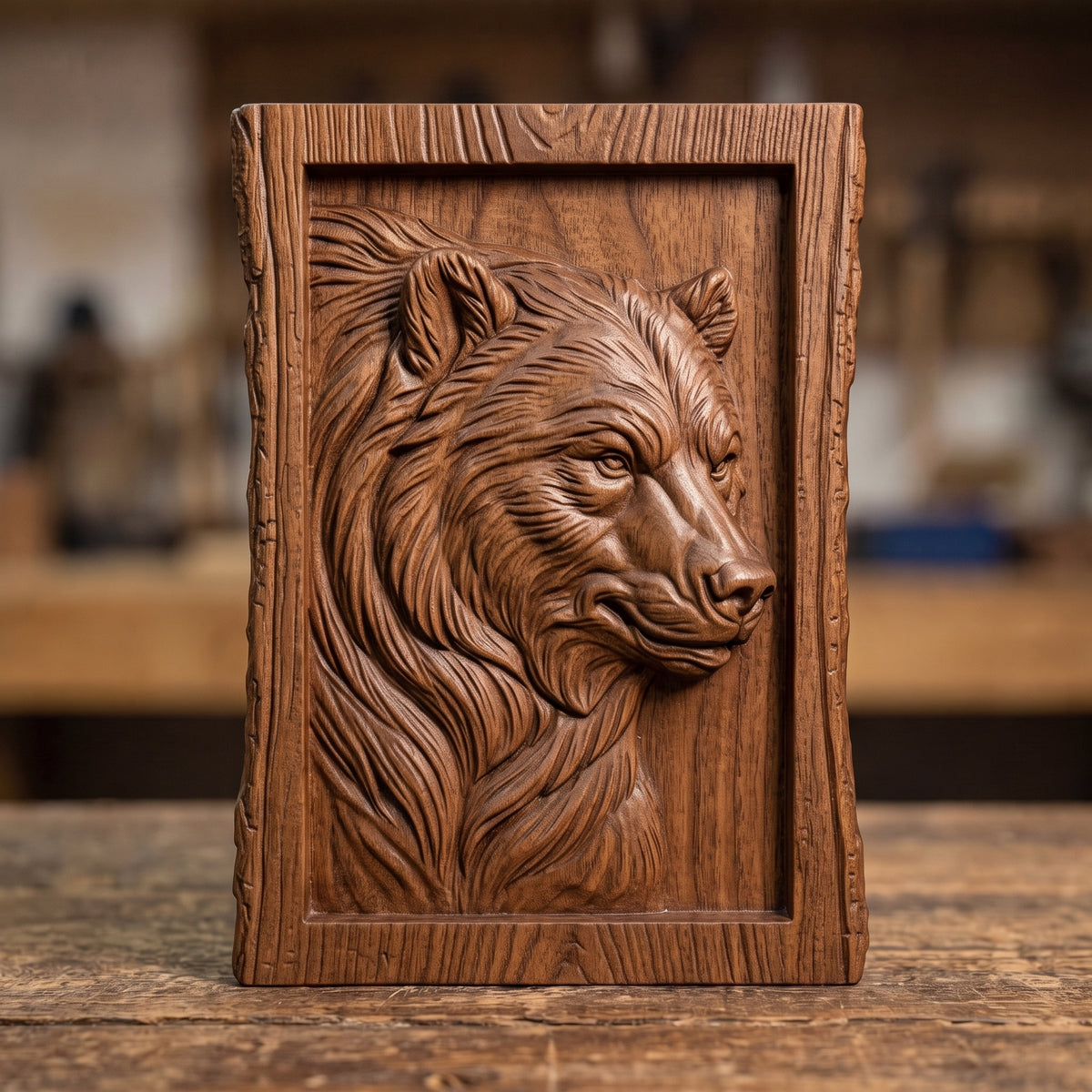 Detailed 3D bas-relief of a bear head in side profile with thick flowing fur, alert eyes and rounded ears, set inside a recessed panel. Framed by a rustic live edge wood border with natural bark texture and a raised inner rim. Shown in carved walnut wood and grey resin. Designed for CNC relief carving, woodworking and 3D printing as rustic cabin wildlife wall decor.