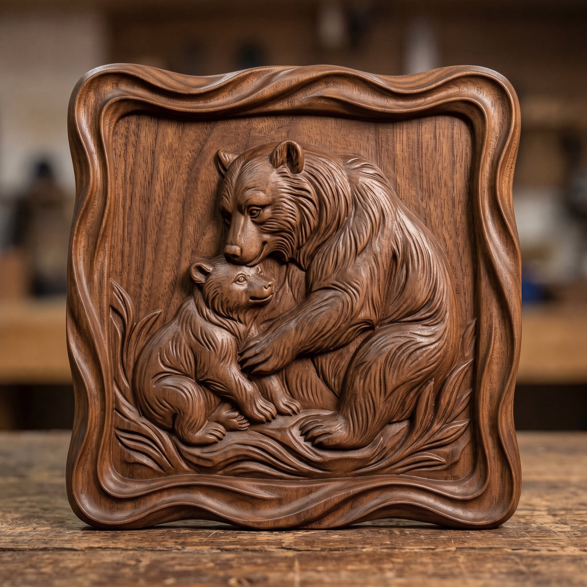 Detailed 3D bas-relief of a mama bear hugging and nuzzling her cub on grassy ground, with fine fur texture and wild grass blades. Framed by a thick raised wavy cloud-shaped border around a recessed square panel. Shown in carved walnut wood and grey resin. Designed for CNC relief carving, woodworking and 3D printing as nursery, cabin and wildlife wall decor.