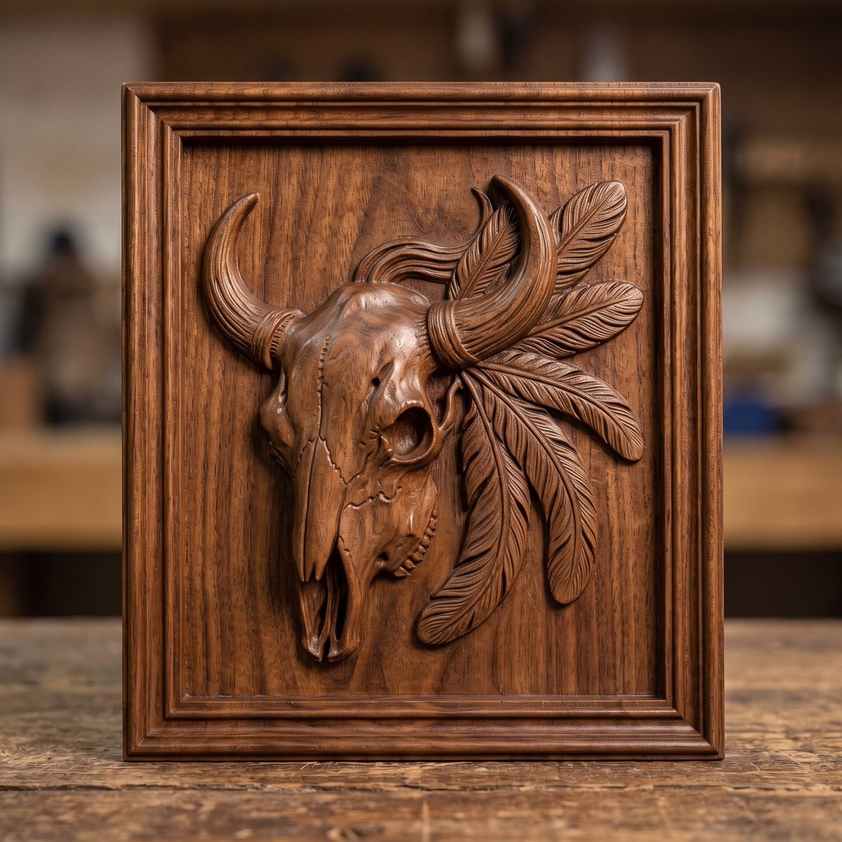 Detailed 3D bas-relief of a bison skull with two curved horns wrapped in leather bands, flowing mane wisps and five carved feathers hanging to the side, set inside a rectangular panel with a stepped molded frame. Rich walnut wood grain and raised detail. Designed for CNC relief carving, woodworking and 3D printing as rustic western wall decor.