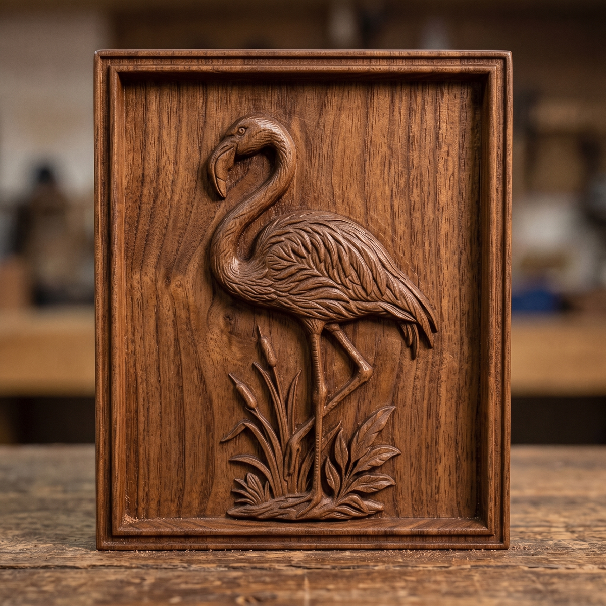 Detailed 3D bas-relief of a flamingo standing on one leg among tall cattails and reeds, long curved neck lowered, carved in rich walnut wood with fine feather and grain texture. Set within a molded rectangular picture-frame border. Designed for CNC relief carving, wood routing, and 3D printing as wetland wall decor.