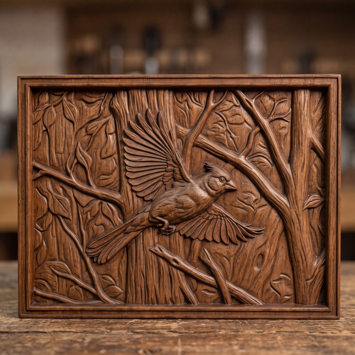 Detailed 3D bas-relief of a cardinal in flight, wings spread and tail fanned, perched among carved forest branches and leaves. The scene is set within a raised rectangular frame border, with fine feather and wood-grain texture throughout. Shown rendered in walnut wood, grey resin, and carved panel finishes. Designed for CNC relief carving, wood routing, and 3D printing as wall decor.