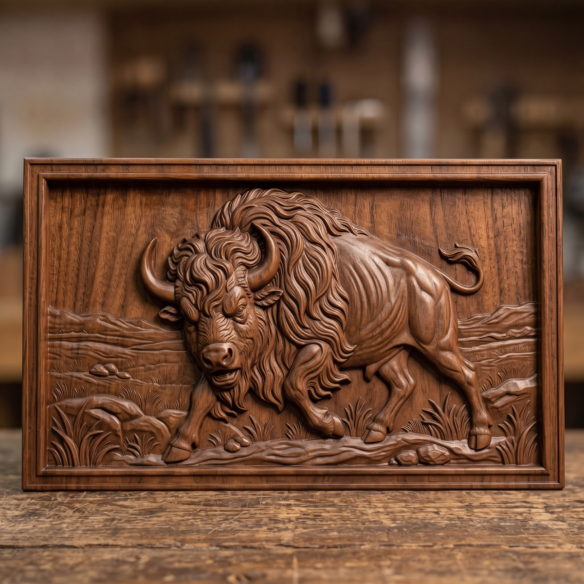 Detailed 3D bas-relief of an American bison charging forward with head lowered toward the viewer, showing curved horns, a flowing shaggy mane, bearded chin, muscular body and raised curled tail. Behind it stretches a prairie landscape with rolling hills, tall grass and scattered rocks. Set inside a wide stepped rectangular frame. Designed for CNC relief carving, wood routing and 3D printing as rustic western wall decor.