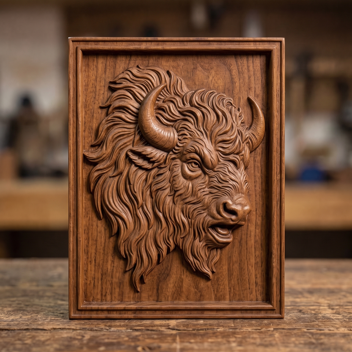 Detailed 3D bas-relief portrait of an American bison head in three-quarter view facing right, with two curved horns, a deeply furrowed brow, open mouth and a long flowing mane sweeping to the left into a shaggy beard. Fine layered fur texture throughout, set inside a tall stepped rectangular frame border. Designed for CNC relief carving, wood routing and 3D printing as rustic western wall decor.