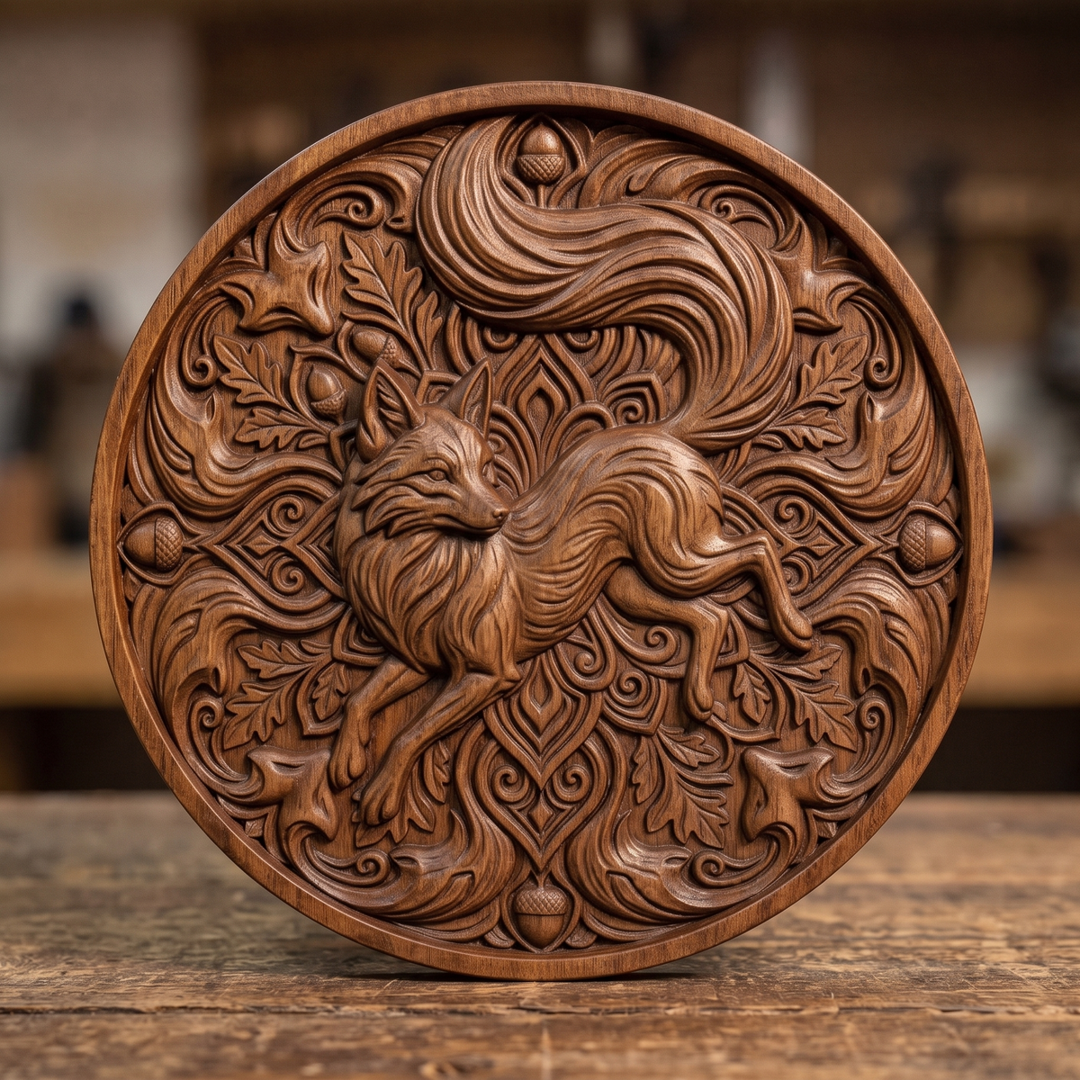 Highly detailed 3D bas-relief of a fox looking back over its shoulder, with a large swirling tail, oak leaves, acorns and symmetrical scrollwork forming a round mandala medallion with a plain raised rim. Shown carved in walnut wood, wood panel and grey resin. Designed for CNC relief carving, wood routing and 3D printing as wall decor.
