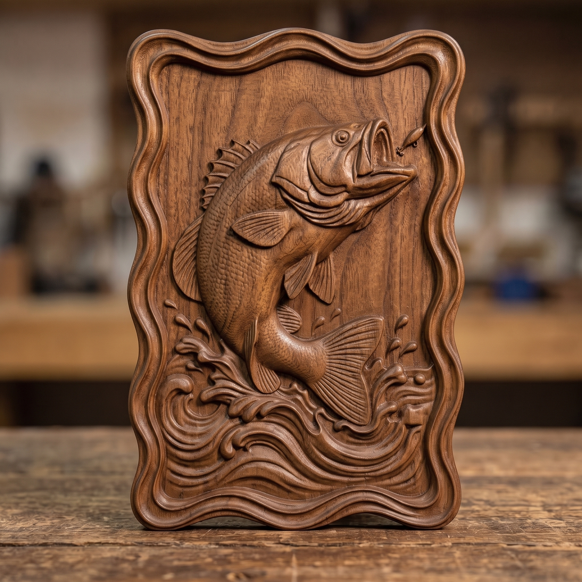 A detailed 3D bas-relief of a largemouth bass leaping from splashing water toward a fishing lure, set within a wavy scalloped-edge rectangular frame. Fine scale texture, fin detail, and dynamic water spray are carved in raised relief with a natural wood grain finish. Designed for CNC relief carving, wood routing, and 3D printing as fishing-themed wall decor.