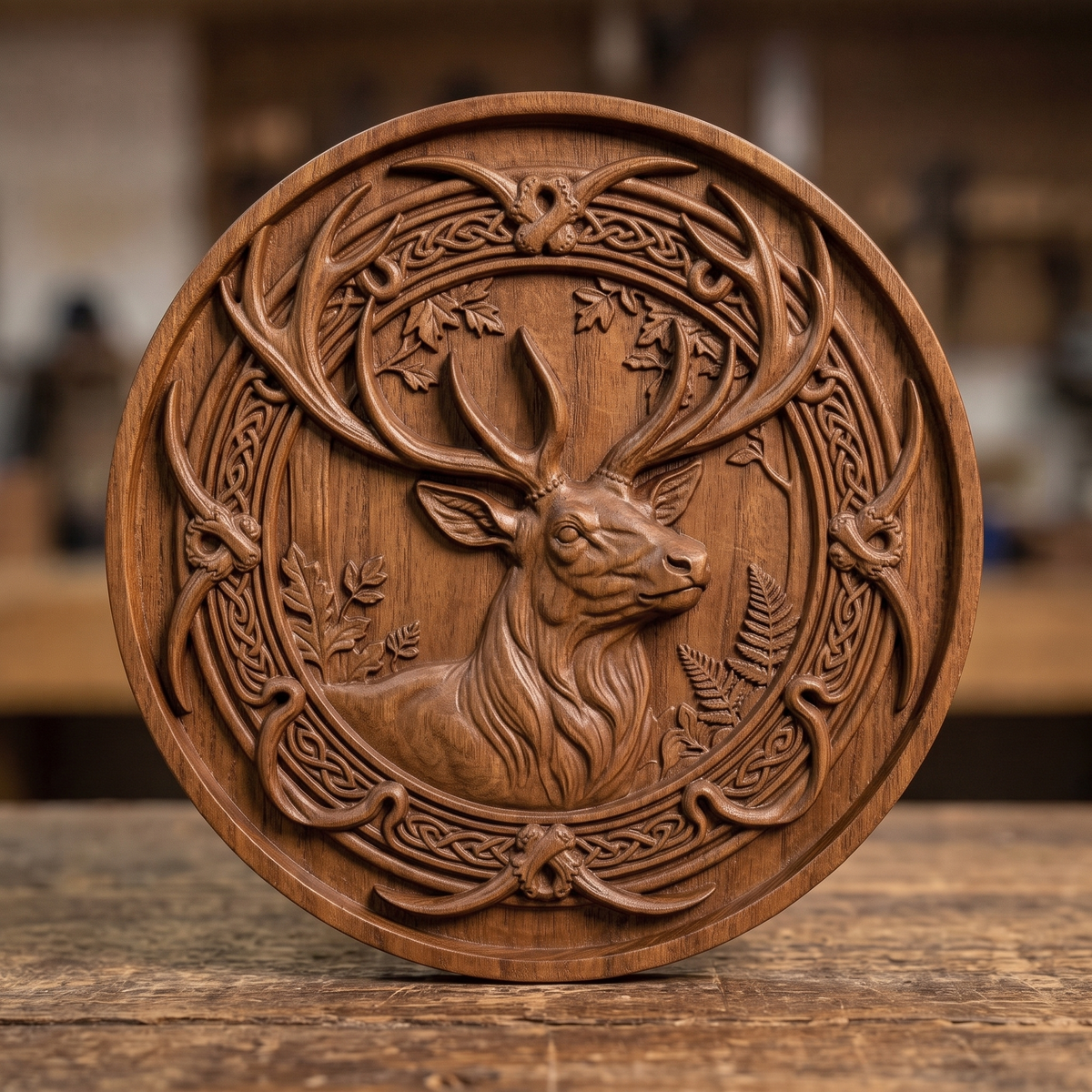 High-relief 3D bas-relief of a deer head with large antlers inside a circular Celtic knotwork frame with leaves and ferns, made as a solid round plaque with a full flat background. Fine antler, fur and knot detail with layered relief. Designed for CNC relief carving, wood routing and 3D printing as Celtic wildlife wall decor for a cabin, lodge or den.