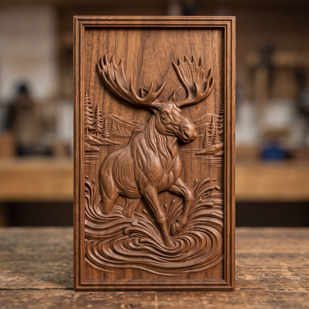 High-relief 3D bas-relief of a big moose with huge antlers wading through splashing lake water, with pine trees, lake shore and distant mountains behind, set in a tall portrait rectangular plaque with a stepped molded border. Fine fur, muscle and layered water ripple detail. Designed for CNC relief carving, wood routing and 3D printing as rustic wildlife wall decor for a cabin, lodge or den.