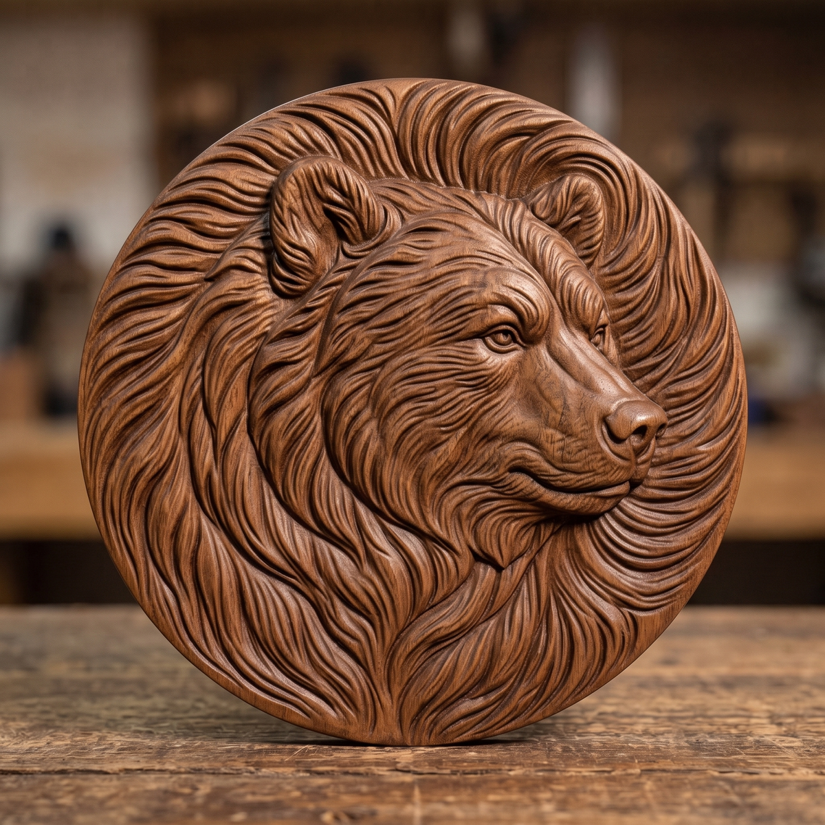 Detailed 3D bas-relief of a grizzly bear head in profile with flowing fur swirling to the edge of a round medallion disc, with expressive eyes, rounded ears and textured muzzle. Shown in carved walnut wood and grey resin. Designed for CNC relief carving, woodworking and 3D printing as rustic cabin wildlife wall decor.