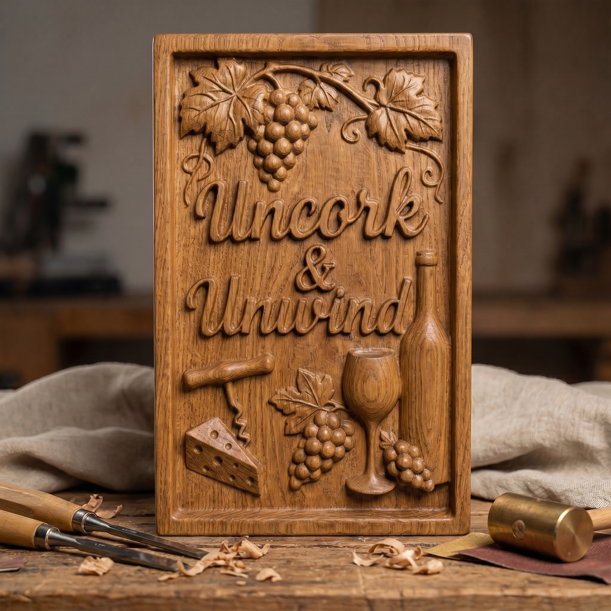Detailed wooden bas-relief featuring the phrase “Uncork & Unwind” surrounded by grape clusters, vine leaves, a wine bottle, glass, corkscrew, and cheese wedge. The composition includes flowing script text, layered textures, and a framed rustic design, perfect for wine lovers and ideal for CNC carving or 3D printing decorative kitchen or bar wall art.