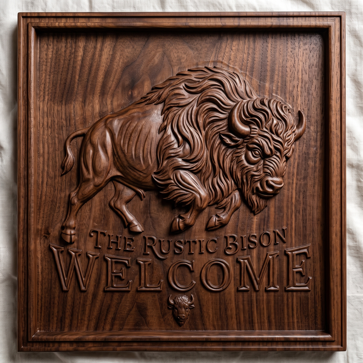 High-relief 3D bas-relief of a charging American bison with a shaggy mane and curved horns inside a stepped square frame. Raised lettering reads The Rustic Bison Welcome, with a small bison head emblem below. Fine fur and muscle detail on a flat panel. Designed for CNC relief carving, wood routing and 3D printing as a rustic welcome sign for a cabin, ranch or porch.