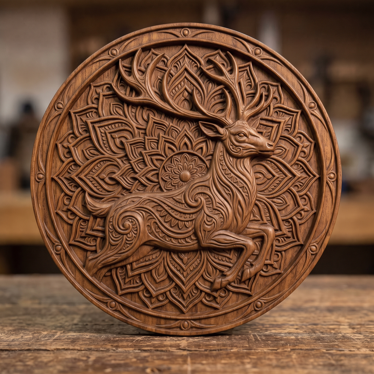 Detailed 3D bas-relief of a leaping stag with large branching antlers, its body carved with flowing swirl and paisley patterns, set against a lotus mandala of layered petals. A raised circular frame with a stepped ring and bead accents surrounds the scene. Fine carved texture and depth. Designed for CNC relief carving, woodworking, resin casting and 3D printing as wall decor.