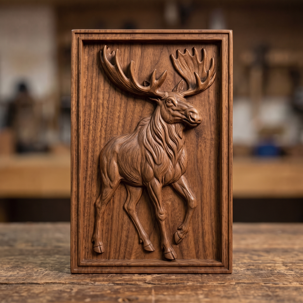 High-relief 3D bas-relief of a full-body walking bull moose with large palmate antlers, set in a tall stepped rectangular frame. Fine fur, muscle, leg and antler detail rising from a smooth background. Designed for CNC relief carving, wood routing and 3D printing as rustic wildlife wall decor for a cabin, lodge or hunting den.