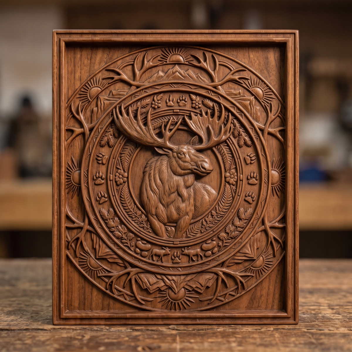 High-relief 3D bas-relief of a bull moose inside a circular mandala medallion of antlers, mountains, rising suns, ferns, berries and paw prints, set in a stepped rectangular frame. Fine fur, muscle and antler detail with layered rings rising from a smooth background. Designed for CNC relief carving, wood routing and 3D printing as rustic wildlife wall decor for a cabin, lodge or hunting den.