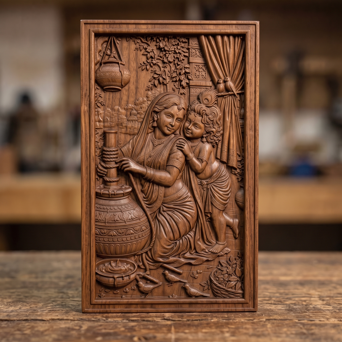 3D bas-relief of Yashoda churning butter beside young Krishna, who leans affectionately on her shoulder. The scene includes a hanging clay pot, flowering branches, a draped curtain with two parrots, and small birds at their feet, all carved with fine detail and rich wood grain texture. Set within a plain rectangular frame with a smooth molded border. Designed for CNC relief carving, wood routing, and 3D printing as devotional wall decor.