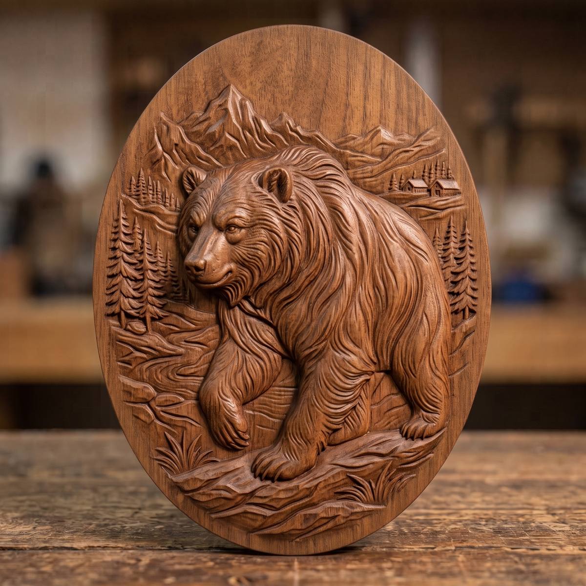 High-relief 3D bas-relief of a walking grizzly bear with flowing fur on an oval slab, set in a mountain valley with pine trees, a winding river, rocks, grass and a log cabin. Flat slab margin with no raised frame. Designed for CNC relief carving, wood routing and 3D printing as rustic cabin wall decor.
