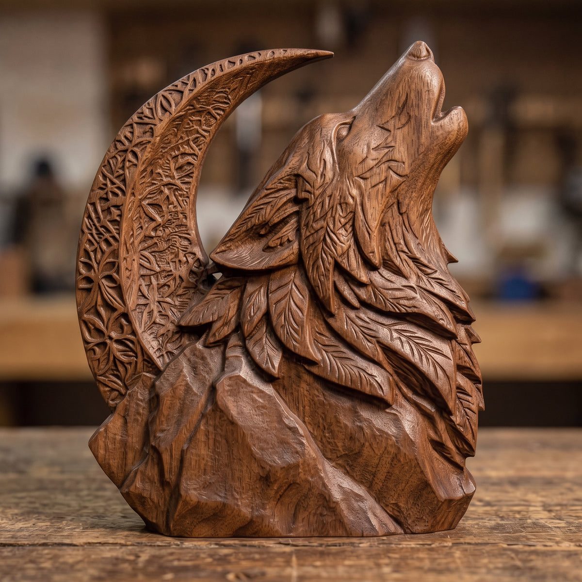 Detailed 3D bas-relief cutout of a wolf howling at a large crescent moon, perched on a rugged mountain rock. Layered fur tufts, leaf-like mane carving and intricate floral texture on the moon. Carved wood texture with raised detail and deep shadows. Designed for CNC carving, wood routing, 3D printing and rustic wall decor.