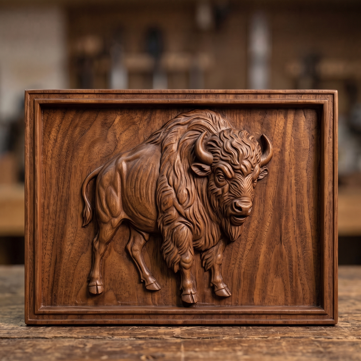 Detailed 3D bas-relief of an American bison standing in three-quarter view with its head turned toward the viewer, showing curved horns, a thick shaggy mane, bearded chin, muscular body and tufted tail. Deep fur texture and raised detail throughout, set inside a stepped rectangular frame border. Designed for CNC relief carving, wood routing and 3D printing as rustic western wall decor.