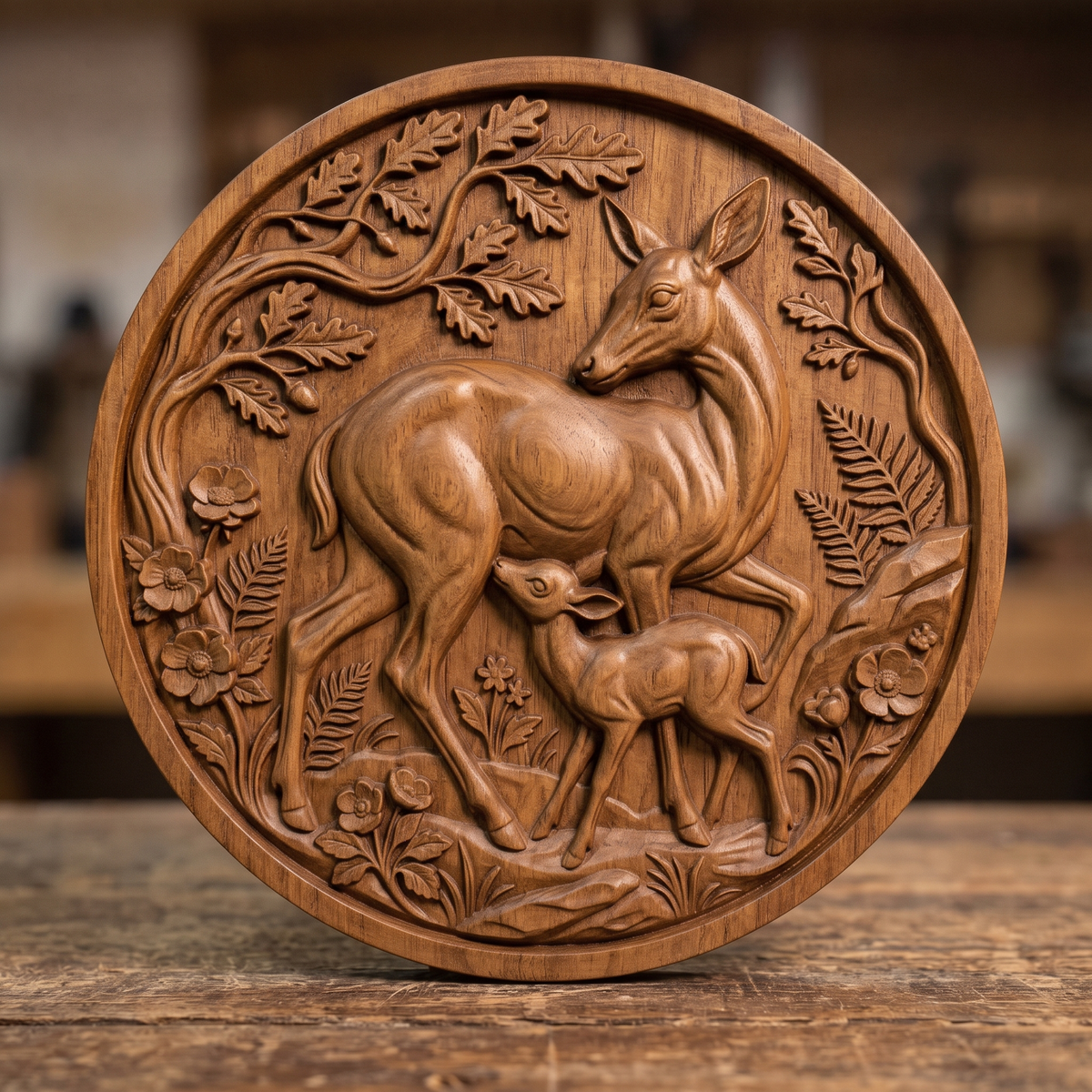 3D bas-relief of a doe looking back while her fawn nurses, set in a round medallion with a raised ring border. Oak branches with acorns arch overhead, with ferns, wild roses and meadow grass in raised detail. Smooth sculpted anatomy and fine leaf texture. Designed for CNC relief carving, woodworking and 3D printing as round wall decor.
