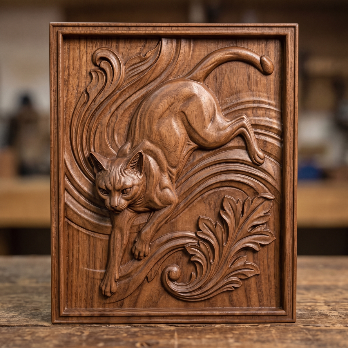 3D bas-relief of a prowling cat, captured mid-stride with an arched back and curled tail, carved amid flowing acanthus scrollwork and leafy filigree. The scene is set within a raised rectangular molded frame with clean beveled edges. Fine fur texture and muscle definition run throughout the sculpt. Designed for CNC relief carving, wood routing, and 3D printing as wall decor or a display plaque.