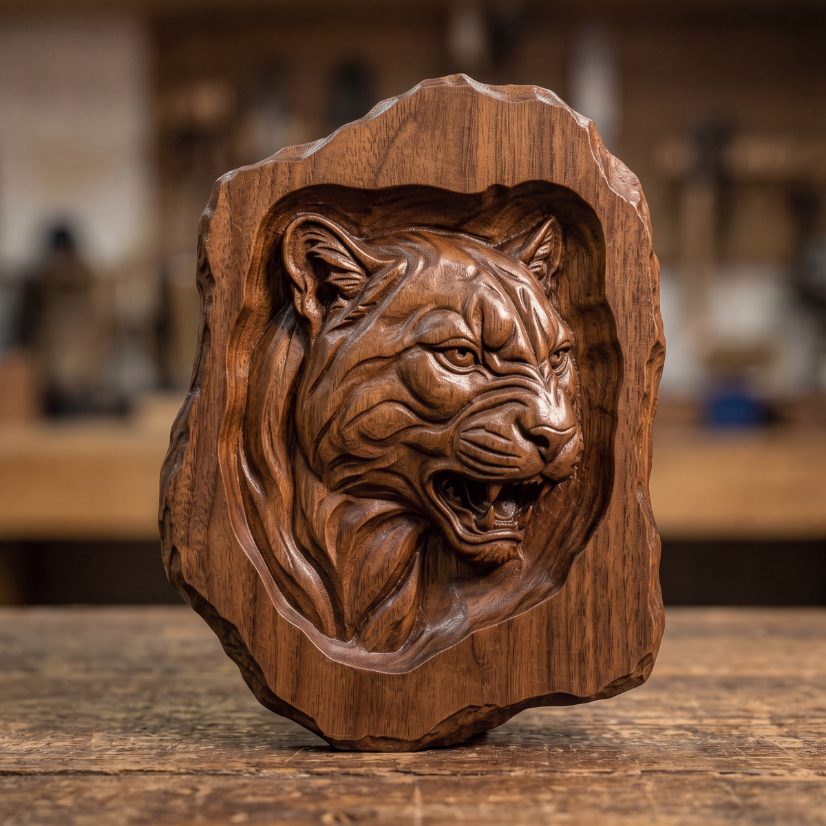Carved walnut wood mountain lion head cutout with an irregular live edge outline, shown as a CNC relief model on a workshop bench and as a grey resin render. Digital STL file for CNC routers and 3D printers, ideal for wall art, wildlife decor and woodworking projects.