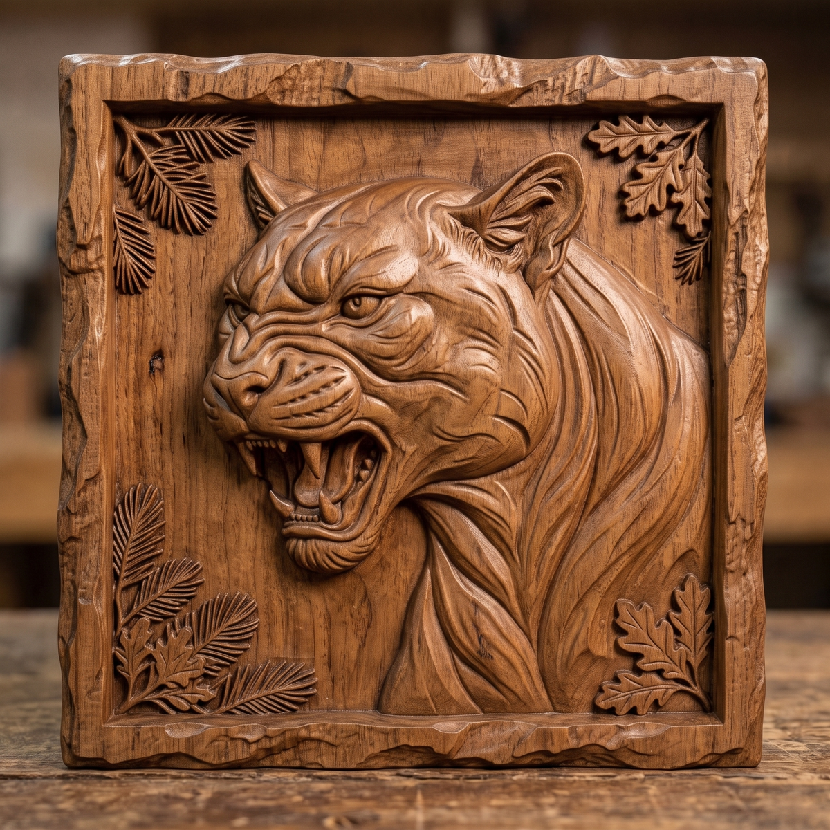 Snarling mountain lion head carved in dark walnut wood inside a square rustic rock-edge frame with pine and oak leaf corners, shown as a workshop mockup and a grey resin render. Digital STL relief file for CNC routers and 3D printers, ideal for wildlife wall art, panels and woodworking projects.