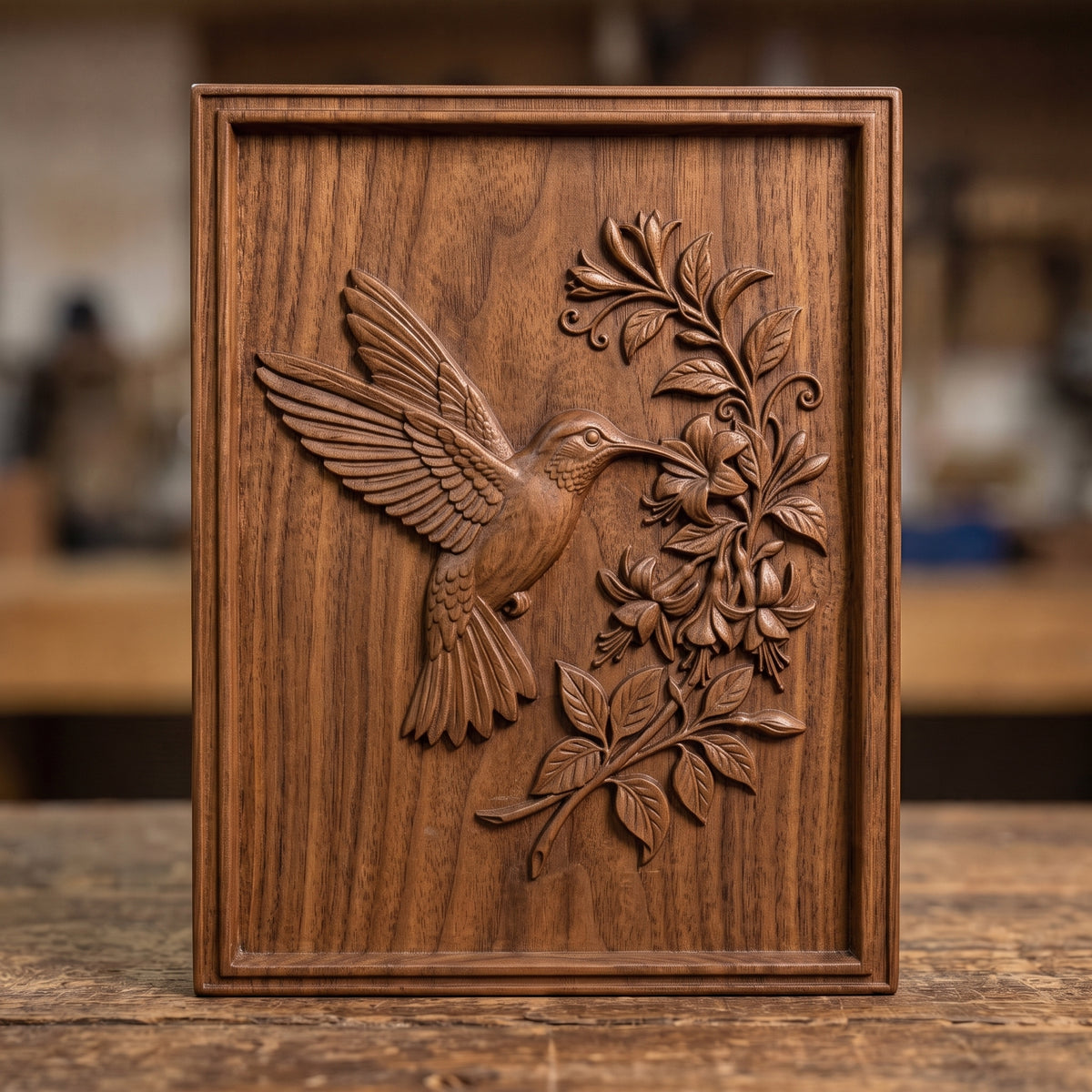 Detailed 3D bas-relief of a hummingbird in flight, wings fully spread, feeding at a cluster of trumpet-shaped fuchsia flowers with curling vines and leaves. Carved in rich walnut wood grain with fine feather texture, set within a raised rectangular frame border. Designed for CNC relief carving, wood routing, resin casting, and 3D printing as wall decor.