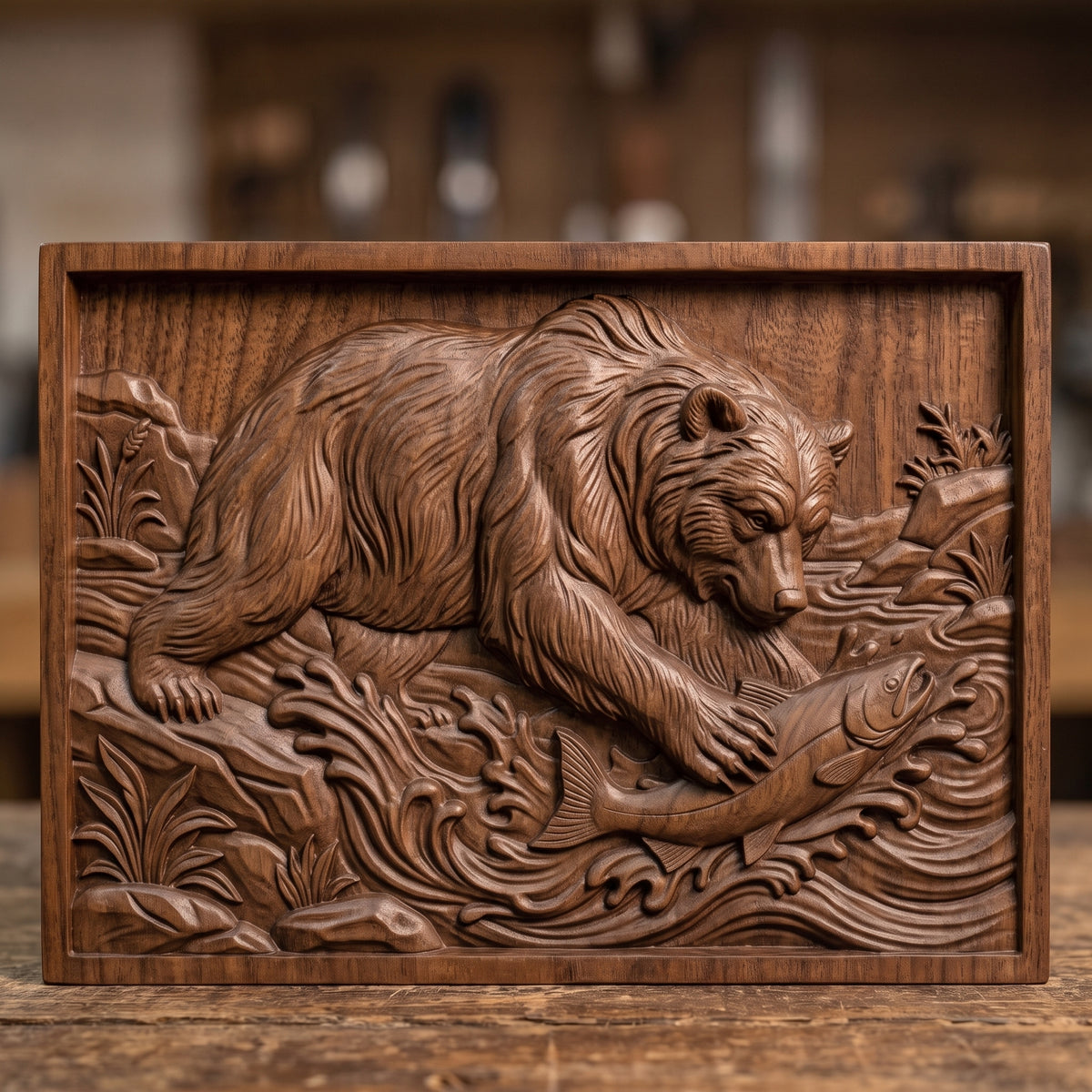 Detailed 3D bas-relief of a grizzly bear catching a leaping salmon in a rushing river, with splashing waves, riverside rocks and wild grasses. Framed by a rectangular border with a recessed panel and stepped inner edge. Shown in carved walnut wood and grey resin. Designed for CNC relief carving, woodworking and 3D printing as rustic cabin wildlife wall decor.