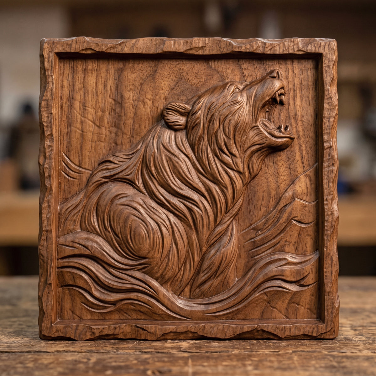 Detailed 3D bas-relief of a roaring bear with head raised and mouth open, thick flowing fur and mountain ridges behind. Set in a square panel with a rough hewn stone style border around a recessed field. Shown in carved walnut wood and grey resin. Designed for CNC relief carving, woodworking and 3D printing as rustic cabin and wildlife wall decor.