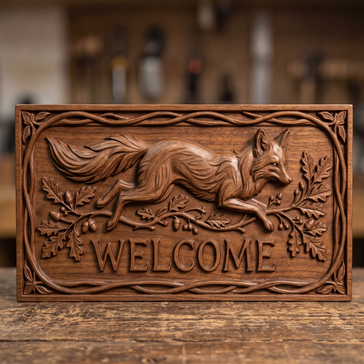 Detailed 3D bas-relief welcome sign showing a red fox leaping to the right with a long bushy tail, set over a flowing branch of oak leaves, acorns and berries. Raised WELCOME lettering sits below, all inside a wide rectangular frame of twisted vines with leaf accents at each corner. Designed for CNC relief carving, wood routing and 3D printing as rustic front door or porch decor.