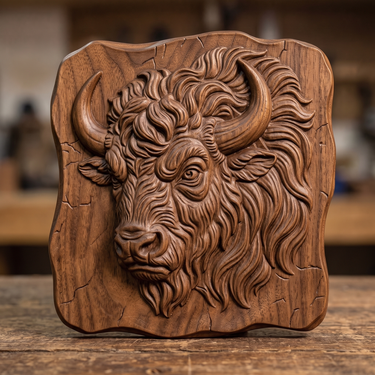 Bison head with long curved horns, shaggy mane and a fierce eye, carved in high relief on an irregular wavy cracked-stone slab, shown as a nearly square slab plaque without a frame, digital STL model for CNC router carving and 3D printing.