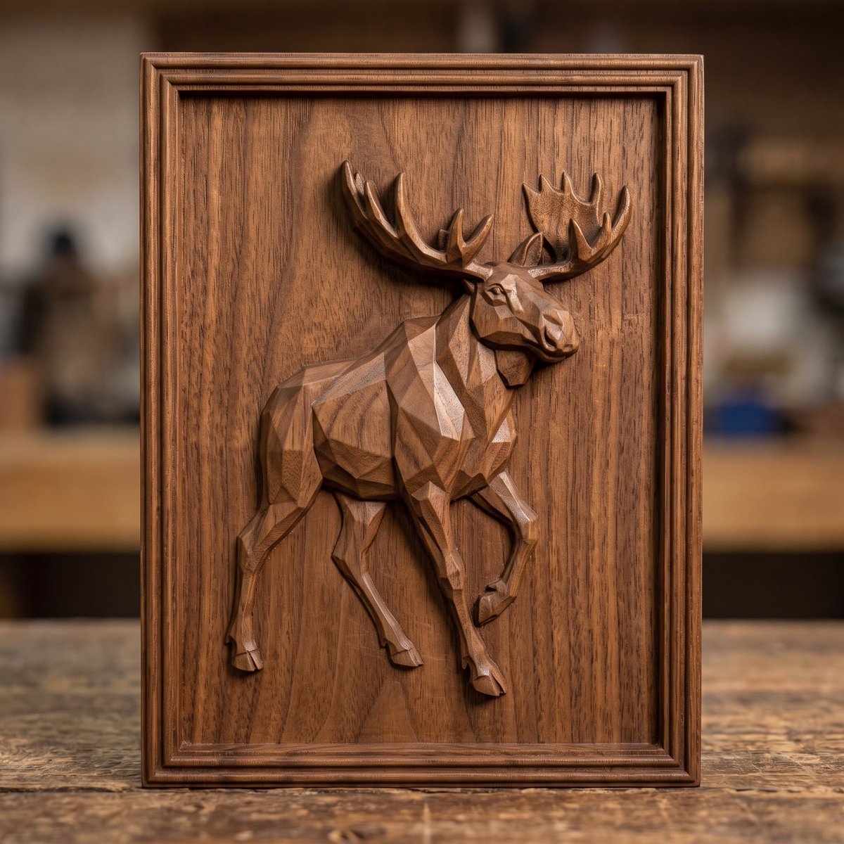 Faceted low poly moose with huge palmate antlers walking on a plain smooth background, shown as a portrait rectangular frame relief plaque with a stepped molded border, digital STL model for CNC router carving and 3D printing.