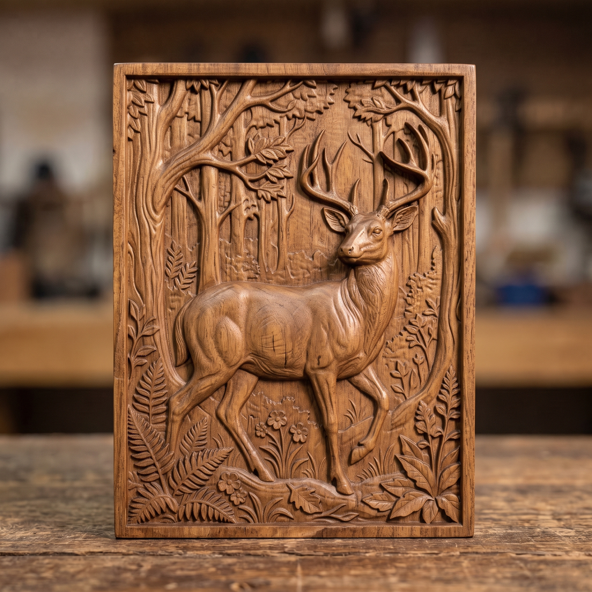 3D bas-relief of a majestic buck with a full set of antlers, standing in a woodland scene inside a rectangular frame with a moulded stepped border. Tall trees, leafy branches, ferns, wildflowers and a fallen log surround the deer. Smooth sculpted anatomy and fine foliage detail. Designed for CNC relief carving, woodworking and 3D printing as rectangular wall decor.