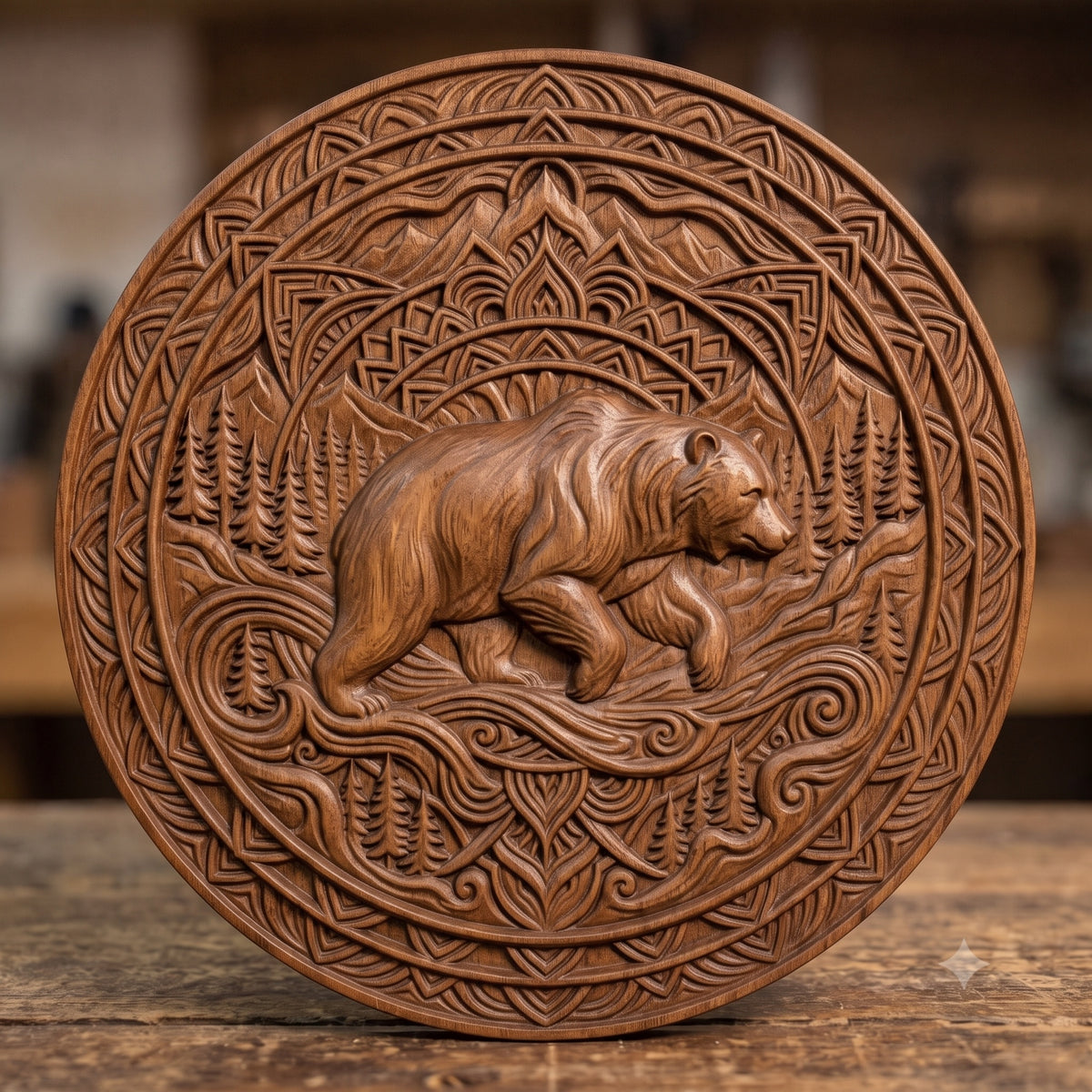 Detailed 3D bas-relief of a walking bear in a pine forest with mountains, set inside an ornate circular mandala frame of concentric rings, scrollwork and geometric patterns. Carved wood texture with raised detail and deep shadows. Designed for CNC carving, wood routing, 3D printing and rustic wall decor.