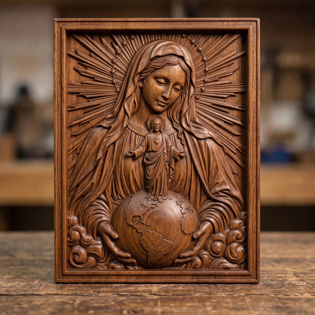 Bas-relief of the Virgin Mary with a radiant sunburst halo ringed by stars, gently gazing down as she holds the world in her open hands. The Sacred Heart of Jesus stands atop the globe with arms outstretched, haloed and robed, carved in fine wood-grain texture. Continents are detailed on the globe, framed by soft clouds below within a rectangular molded border. Designed for CNC relief carving, wood routing, and 3D printing as devotional wall decor.