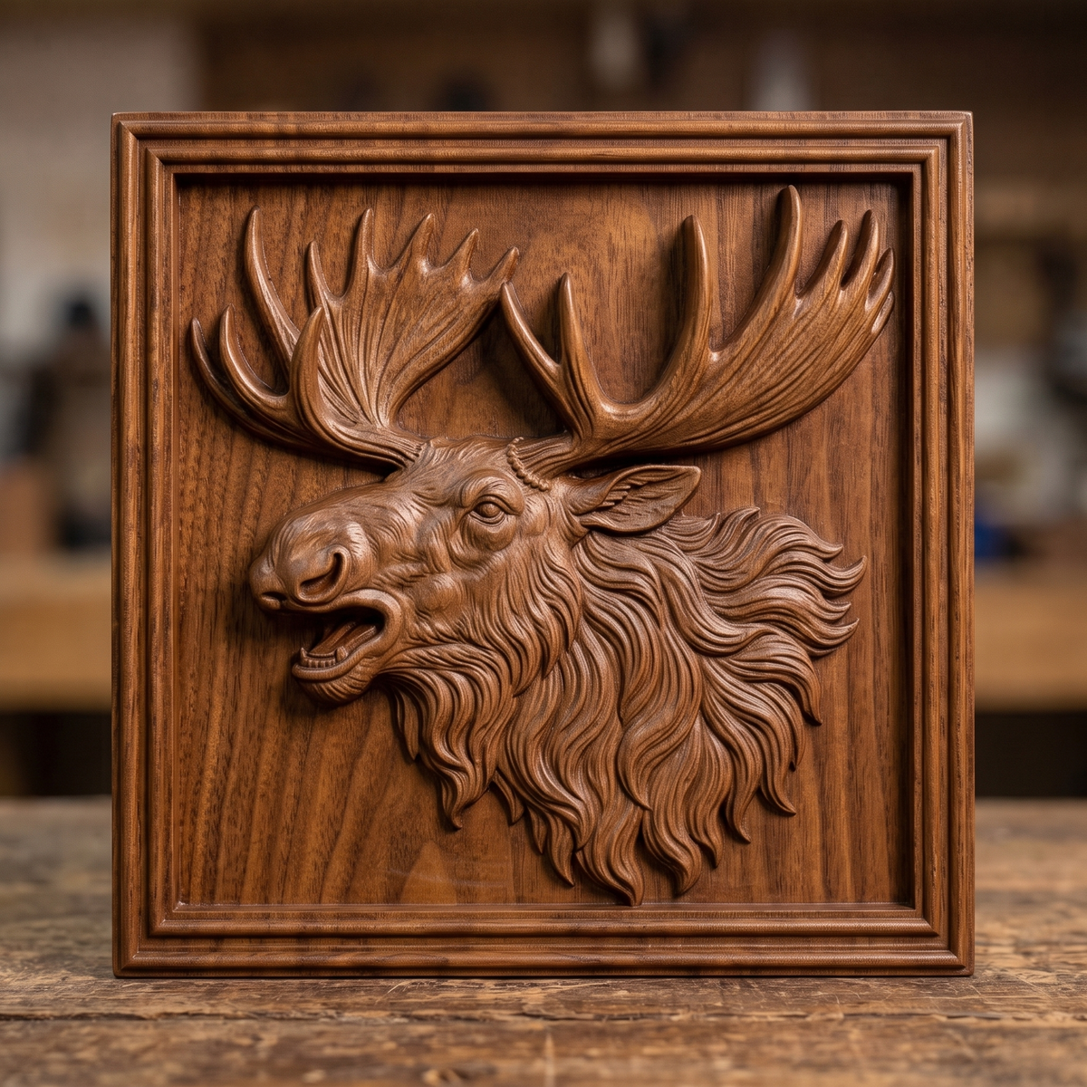 High-relief 3D bas-relief of a bugling moose head with open mouth, huge palmate antlers and a flowing shaggy mane, set in a square framed plaque with a stepped molded border and flat recessed background. Fine fur and antler grain detail with layered relief. Designed for CNC relief carving, wood routing and 3D printing as rustic wildlife wall decor for a cabin, lodge or hunting den.