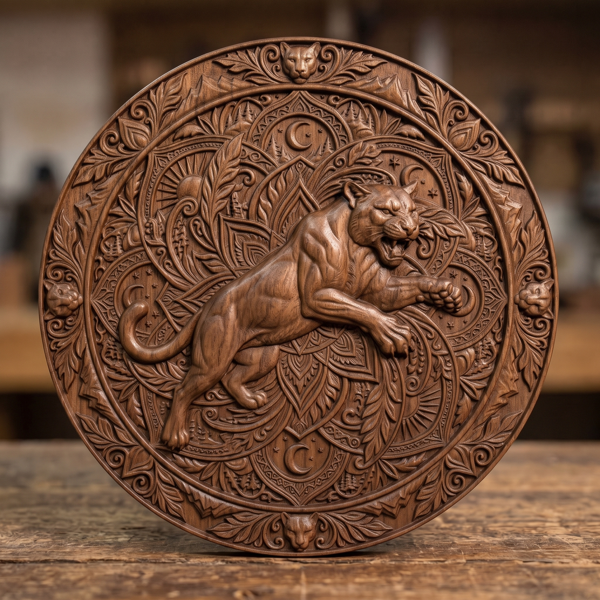 Mountain lion carved in dark walnut wood inside a round mandala frame with leaf scrollwork, moon and sun motifs and cougar head accents, shown as a workshop mockup and a grey resin render. Digital STL relief file for CNC routers and 3D printers, ideal for wildlife wall art, panels and woodworking projects.