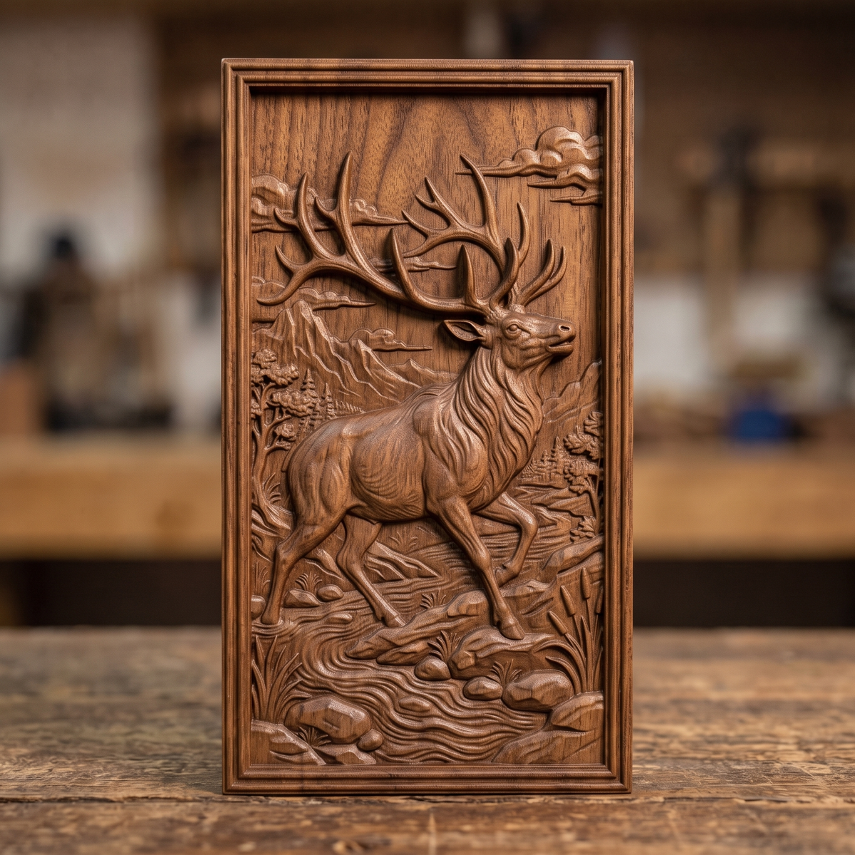 Detailed 3D bas-relief of a majestic bull elk with large antlers raised, striding through a mountain river valley with pine trees, cattails, rocks and clouds, set inside a stepped molded rectangular frame. Shown in carved walnut wood and grey resin. Designed for CNC relief carving, woodworking and 3D printing as rustic wildlife wall decor.