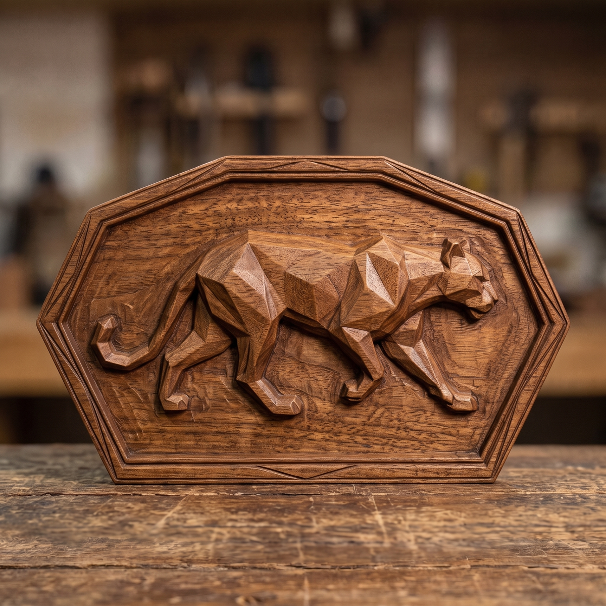 Low poly mountain lion carved in dark walnut wood inside a chamfered rectangular frame with stepped raised border, shown as a workshop mockup and a grey resin render. Digital STL relief file for CNC routers and 3D printers, ideal for wildlife wall art, panels and woodworking projects.