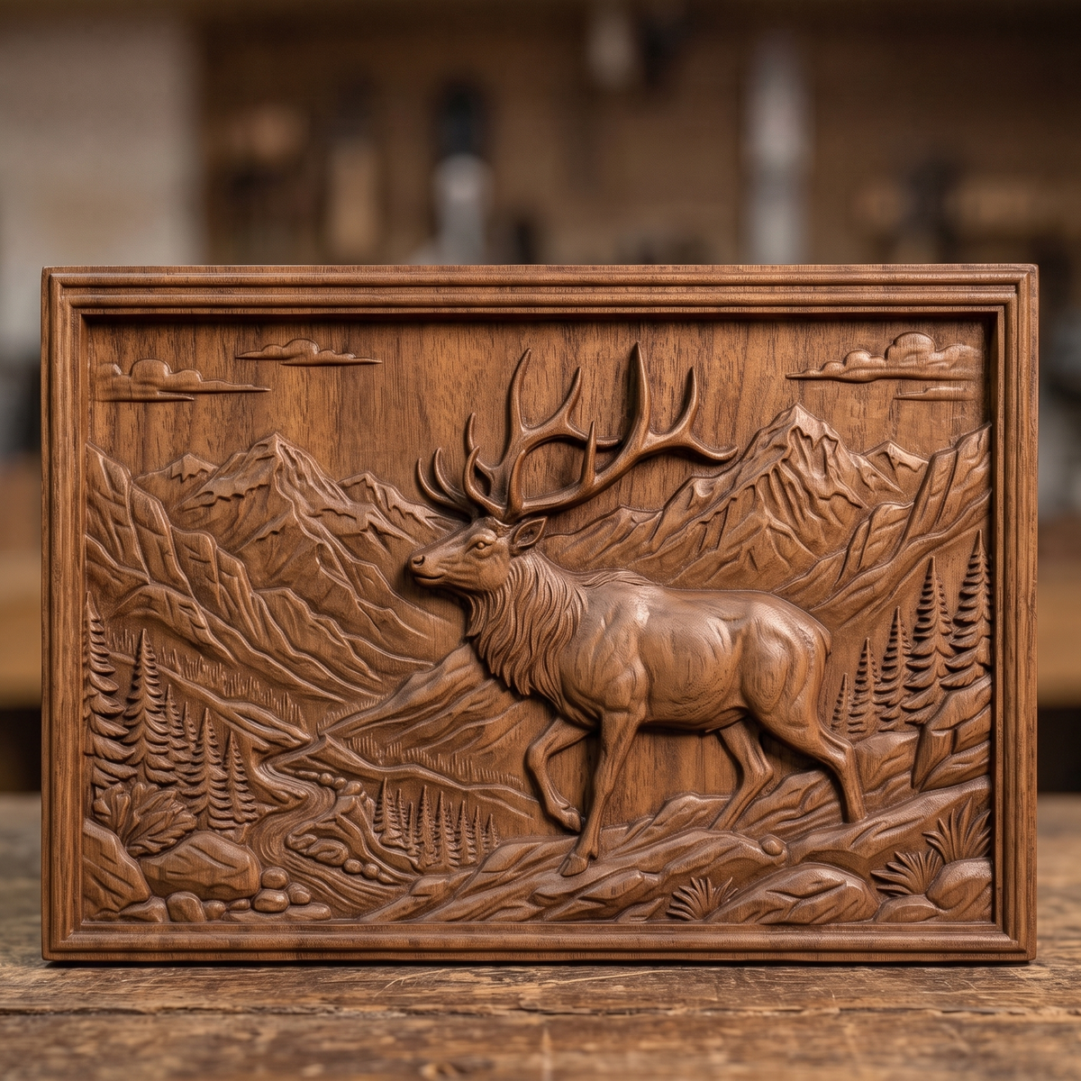 Detailed 3D bas-relief of a bull elk walking through a mountain valley with towering peaks, pine forest, winding river, clouds and rocky foreground. Set in a landscape rectangular panel with a stepped molded frame, shown in carved walnut wood. Designed for CNC relief carving, woodworking and 3D printing as rustic wildlife wall decor.