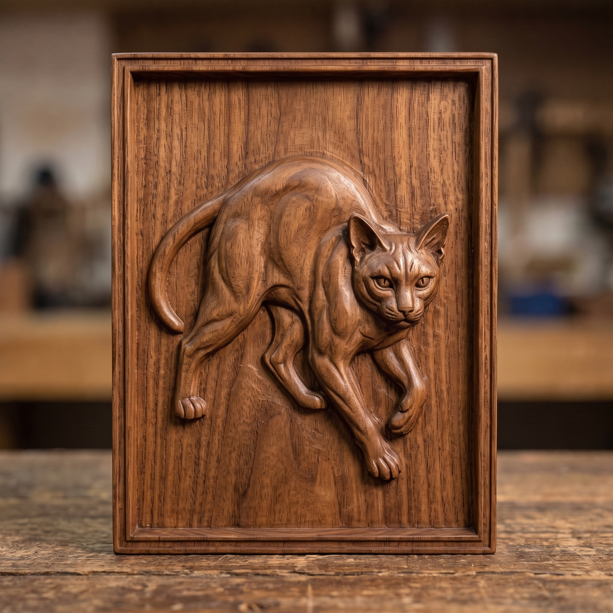 Highly detailed 3D bas-relief of a cat in a dynamic lunging, stretching pose, captured mid-step with an arched back and curled tail. Fine fur texture and muscle definition are carved throughout, set within a raised rectangular frame border. Designed for CNC relief carving, wood routing, and 3D printing as wall art or home decor.