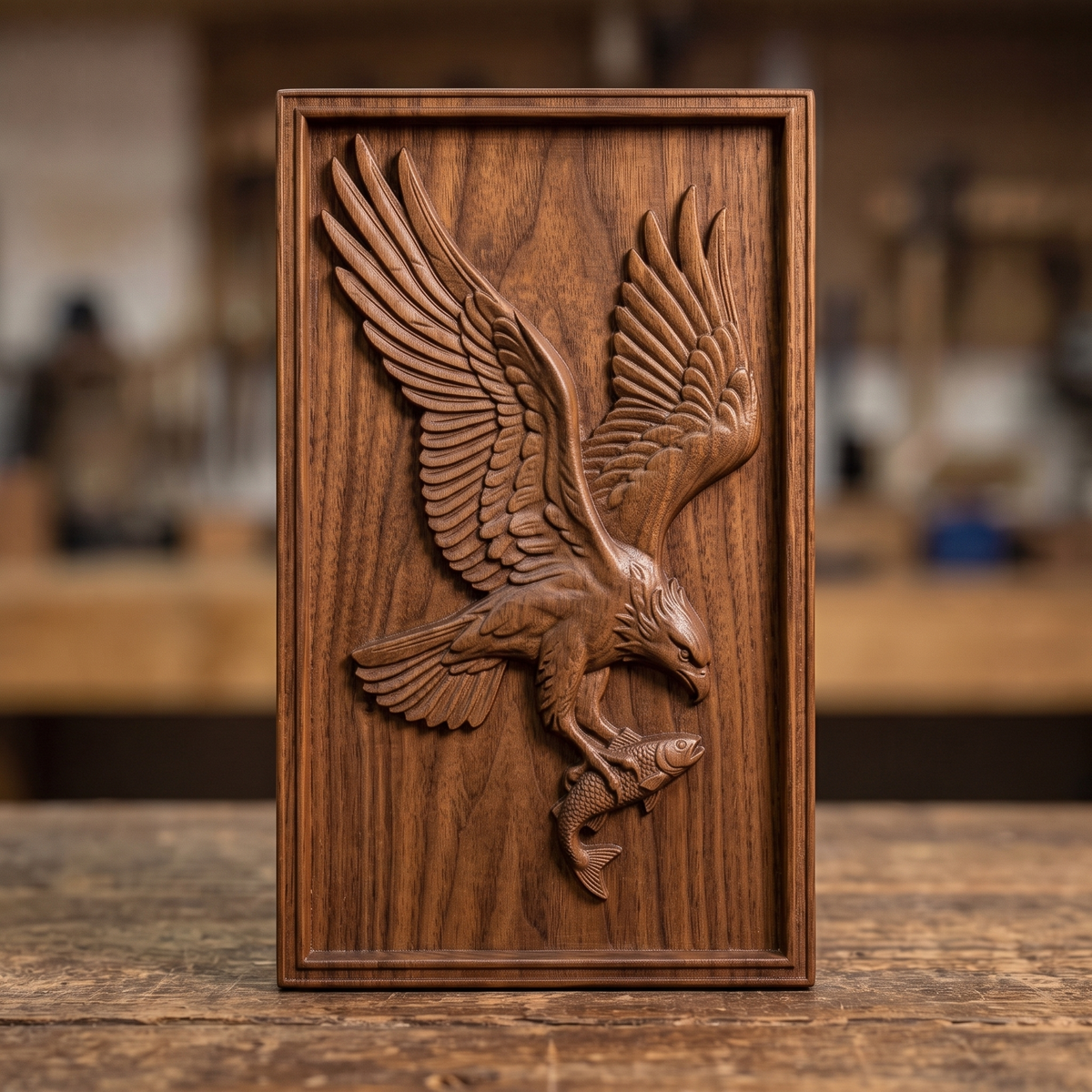 Highly detailed 3D bas-relief of a bald eagle diving with wings raised and spread wide, talons gripping a fish, head turned down toward its catch, carved in rich walnut wood. Framed by a raised, molded picture-frame border on a vertical rectangular panel. Fine relief carving captures individual feather barbs, fish scales, and natural wood grain. Designed for CNC relief carving, wood routing, and 3D printing as wildlife, lodge, or patriotic wall decor.