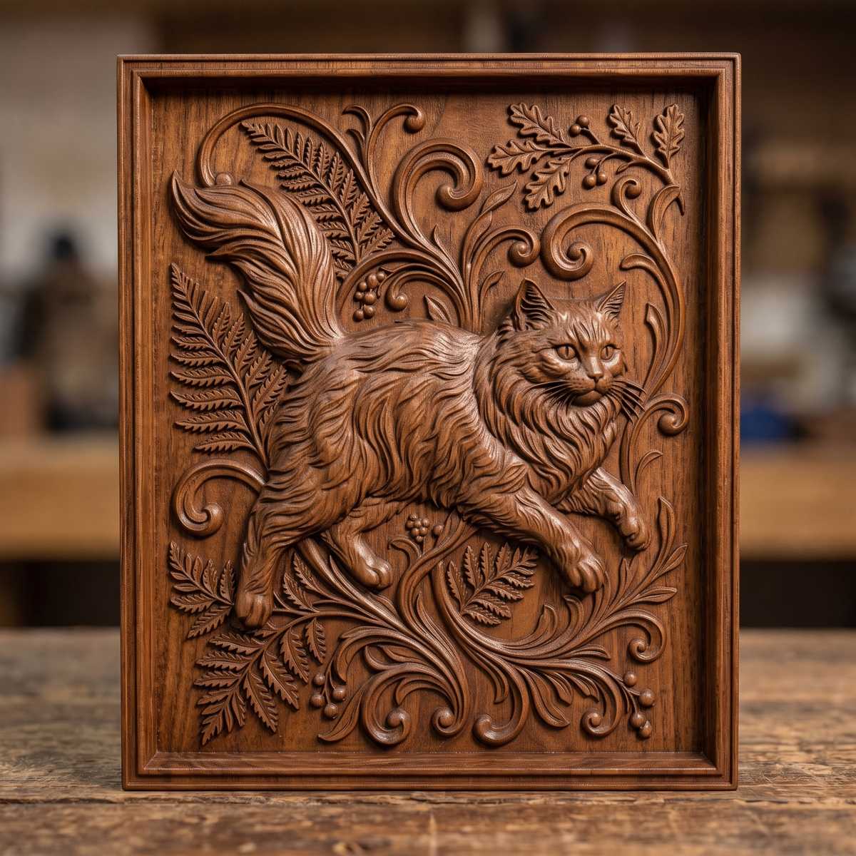 Longhair cat in mid-stride surrounded by fern fronds, oak leaves, and baroque scrollwork, carved as a detailed 3D bas-relief with raised fur texture and a flowing tail. The scene sits within a molded rectangular frame border. Designed for CNC relief carving, wood routing, and 3D printing as wall decor.