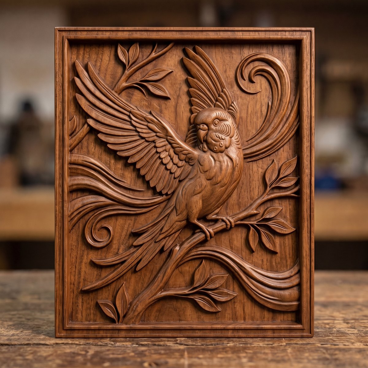 Highly detailed 3D bas-relief of a budgerigar parakeet with wings fully spread and raised, perched on a leafy branch with tail feathers fanned below, set against decorative scrollwork carved in rich walnut wood. The scene is framed by a raised, molded picture-frame border on a vertical rectangular panel. Fine relief carving captures individual feather barbs, leaf veins, and natural wood grain throughout. Designed for CNC relief carving, wood routing, and 3D printing as bird lover, nature-inspire