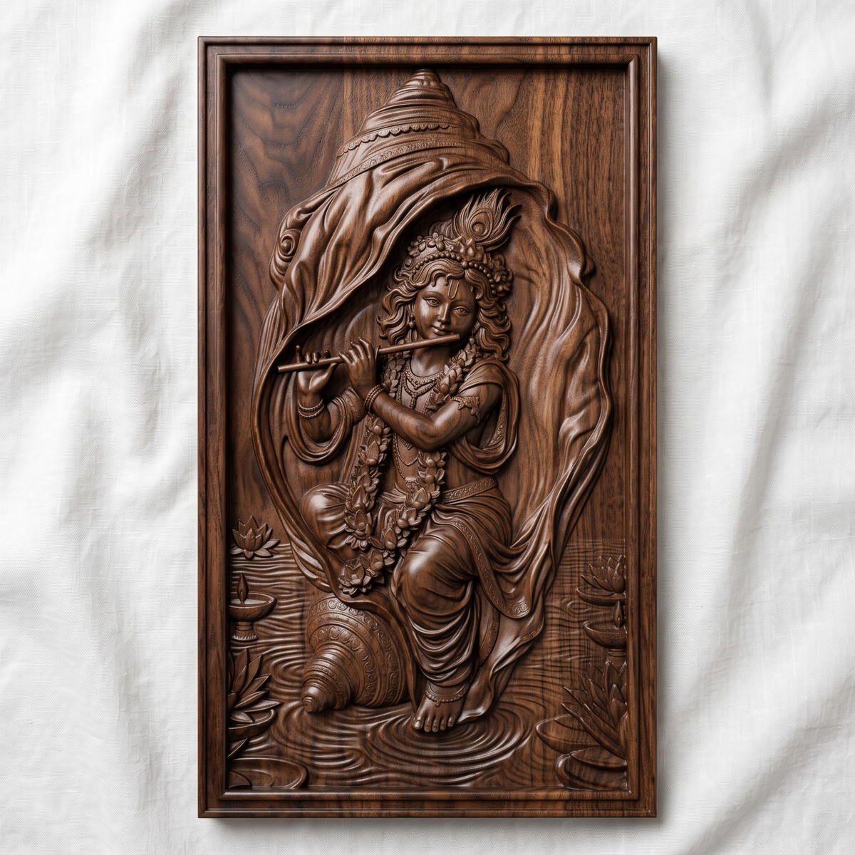 Bas-relief of Krishna playing a flute beneath a flowing conch-shell canopy, wearing a peacock feather crown, floral garlands, and bangles. Lotus flowers and oil lamps rest in rippling water below, carved in rich wood-grain texture within a rectangular frame. Designed for CNC relief carving, wood routing, and 3D printing as devotional wall decor.