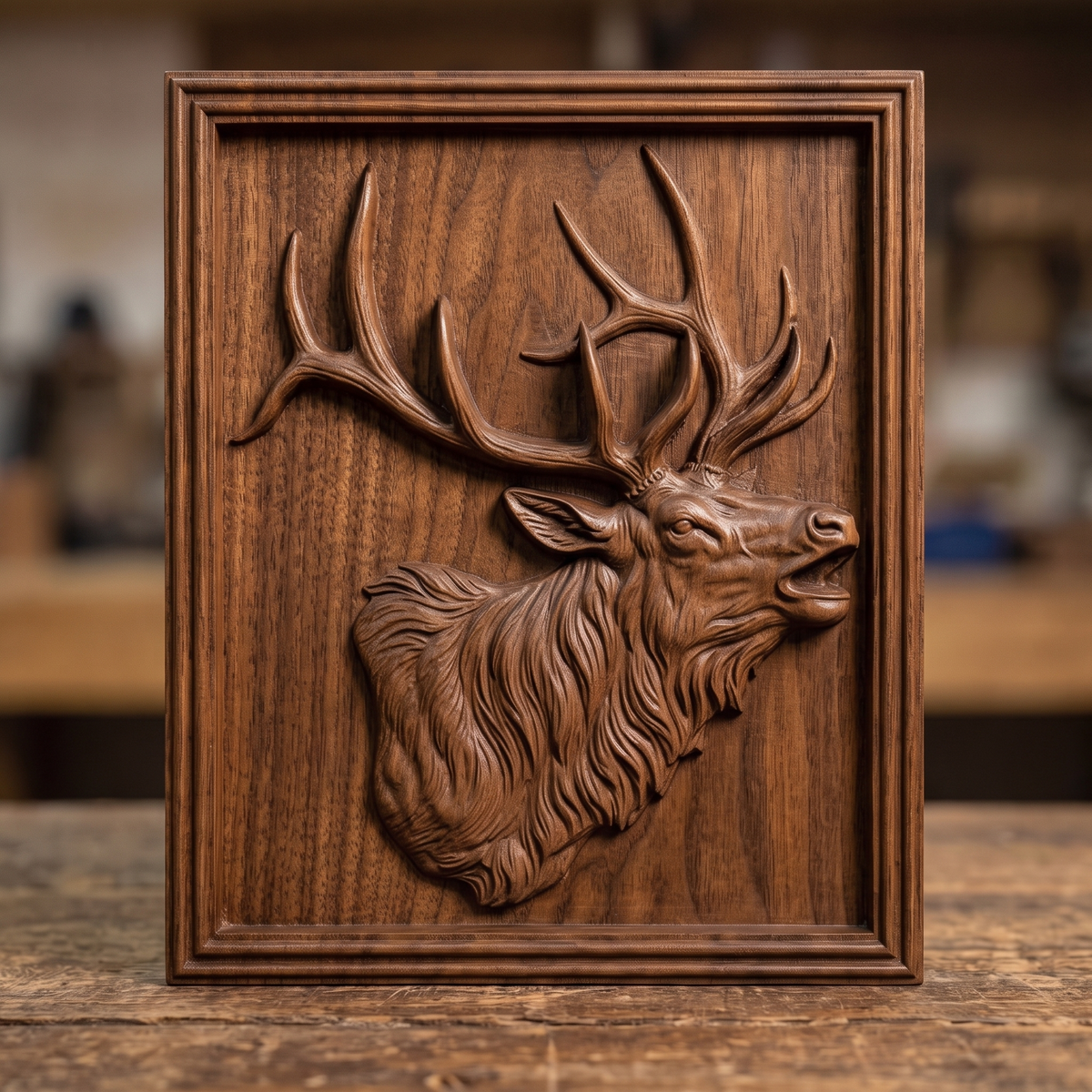 Detailed 3D bas-relief of a bugling bull elk head and shoulders with open mouth, large branching antlers, shaggy mane and fine fur texture. Set in a rectangular panel with a stepped molded frame, shown in carved walnut wood. Designed for CNC relief carving, woodworking and 3D printing as rustic wildlife wall decor.