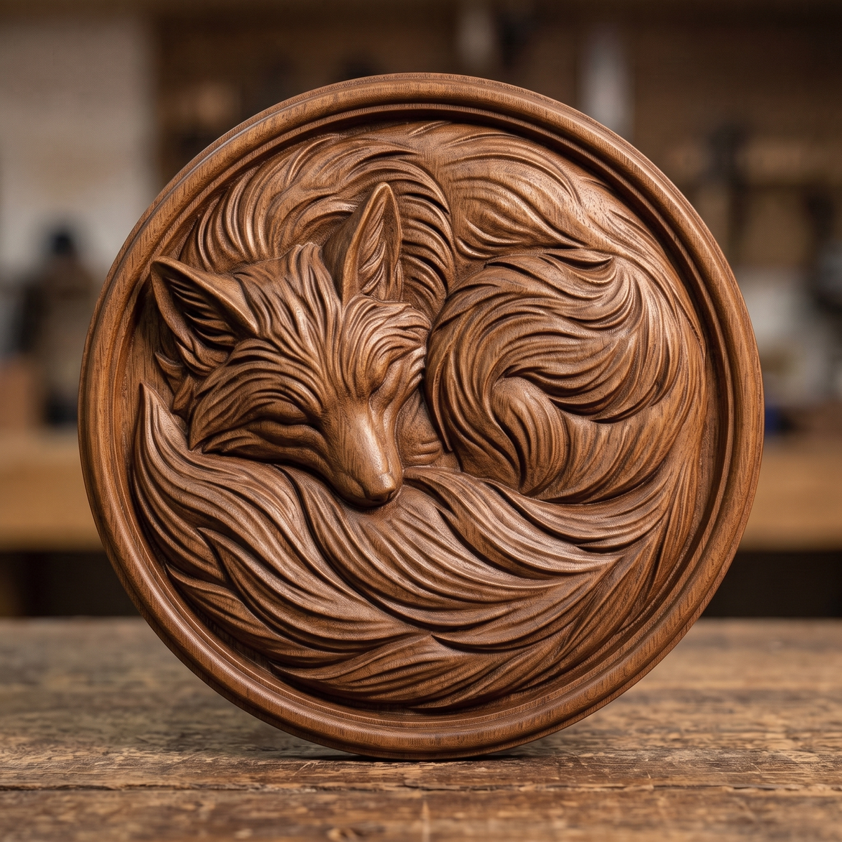 Detailed 3D bas-relief of a fox curled asleep nose to tail, eyes closed, ears laid back against a thick brush tail that sweeps around the body. Long flowing fur strands fill the recessed panel, framed by a plain raised circular rim. Carved wood texture in high relief. Designed for CNC relief carving, wood routing, and 3D printing as woodland nursery and cabin wall decor.