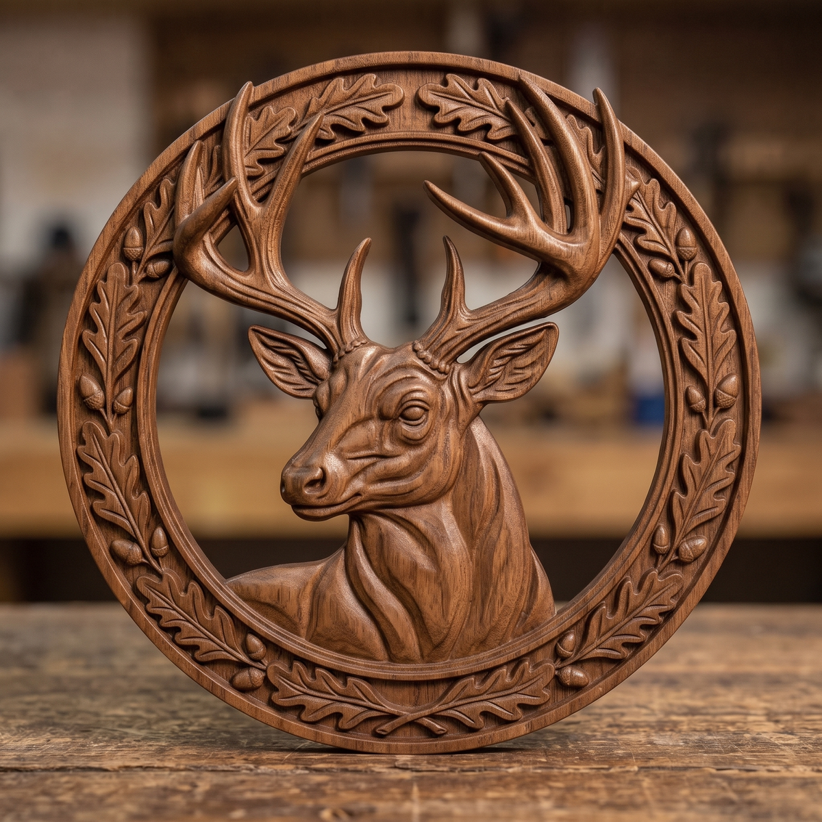High-relief 3D bas-relief of a deer head with large antlers inside a circular wreath of oak leaves and acorns, made as an open cutout with the background cut away. Fine antler, fur and leaf detail with layered relief. Designed for CNC relief carving, wood routing and 3D printing as rustic wildlife wall decor for a cabin, lodge or hunting den.