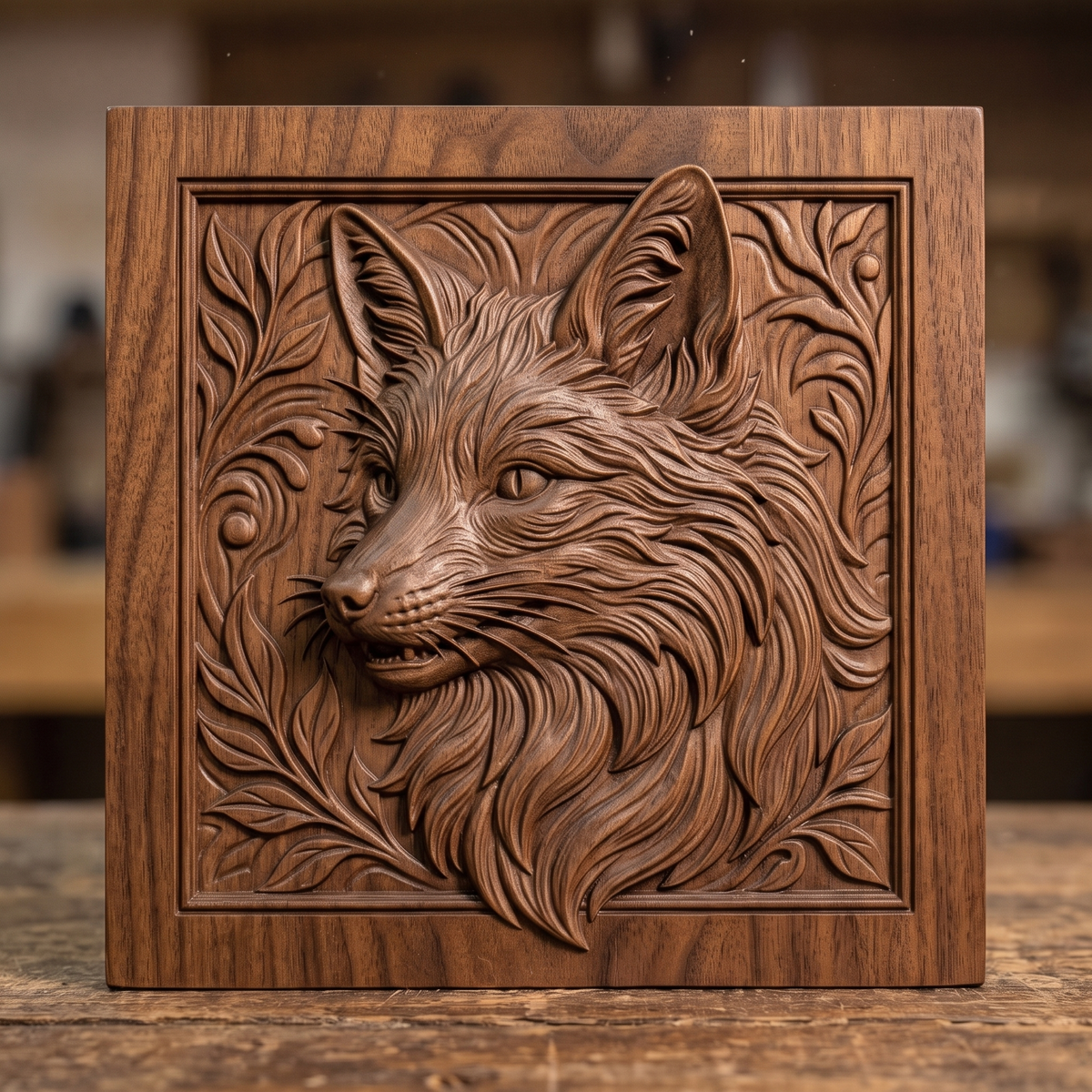 Detailed 3D bas-relief of a fox head with pointed ears, whiskers, and a slightly open mouth, carved in rich walnut wood grain with fine fur texture throughout. Leafy scrollwork, swirls, and small berry accents fill the corners within a raised square frame border. Designed for CNC relief carving, wood routing, and 3D printing as rustic wall decor.