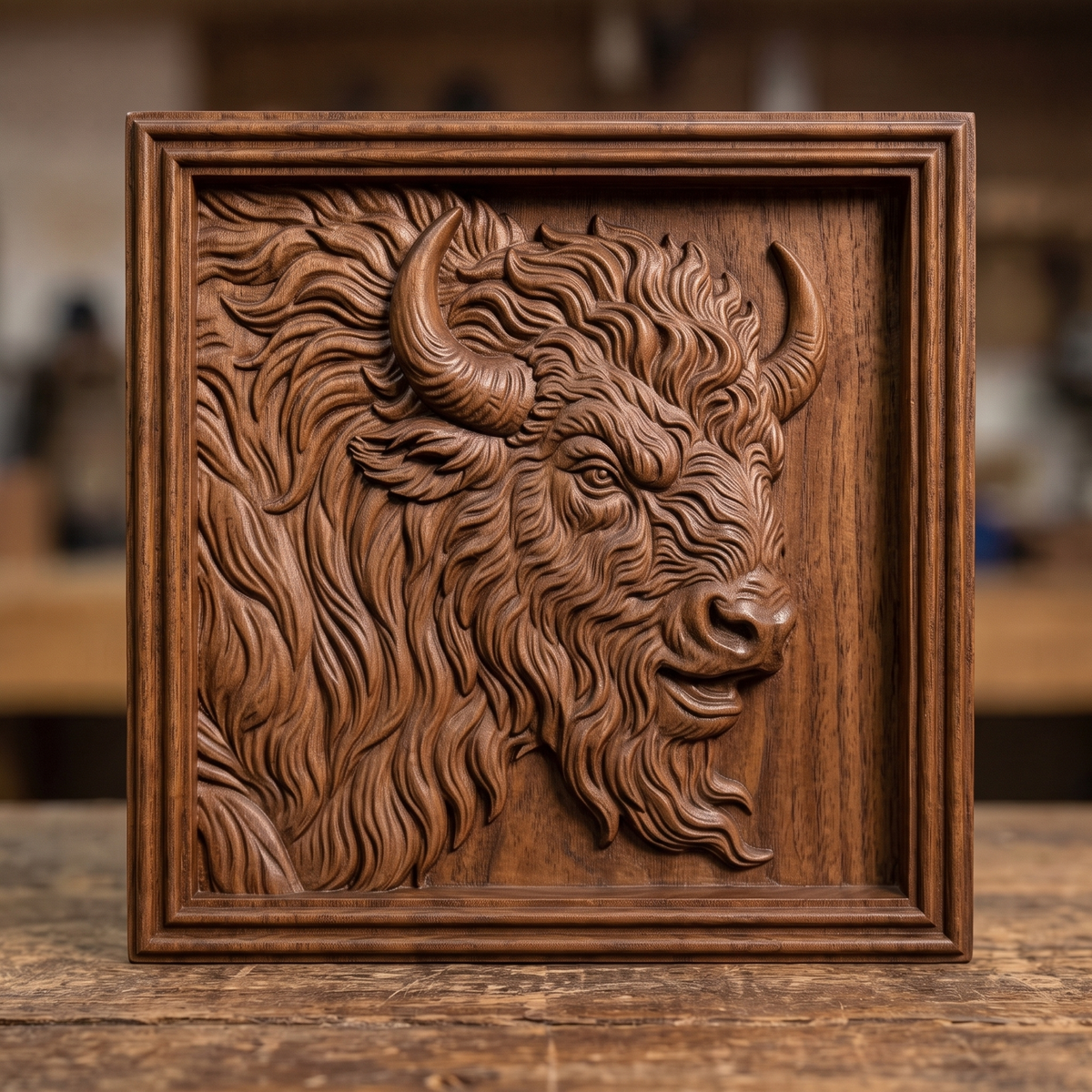 Bison head in side profile facing right with two curved horns, shaggy mane and beard, carved in high relief inside a square stepped molded frame, digital STL model for CNC router carving and 3D printing.